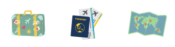 Eine Reihe von illustrierten Reisesymbolen, darunter ein dekorierter Koffer mit Aufklebern, ein Reisepass mit Flugtickets und eine gefaltete Weltkarte mit eingezeichneten Reiserouten und markierten Orten.