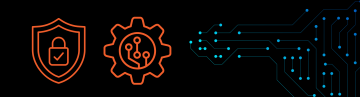 Auf dunklem Hintergrund sind drei grafische Symbole zu sehen, die für Technologie, Sicherheit und künstliche Intelligenz stehen. Links befindet sich ein orangefarbenes Schild mit einem Schloss, das den Schutz und die Sicherheit von Daten symbolisiert. In der Mitte befindet sich ein orangefarbenes Zahnrad mit Elementen eines elektronischen Schaltkreises, das technologische Prozesse und künstliche Intelligenz darstellt. Rechts befindet sich ein blaues, stilisiertes Netz aus elektronischen Verbindungen, das an eine Leiterplatte erinnert und die digitale Infrastruktur, die Vernetzung und den Datenfluss darstellt.