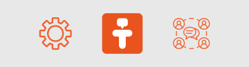 Eine Reihe orangefarbener Symbole auf hellem Hintergrund, die die Funktionen von Tandem darstellen. In der Mitte befindet sich das Tandem-Logo in Form des Buchstabens T und einer menschlichen Figur. Umgeben ist es von Symbolen für Textnachrichten, geräteübergreifenden Fernsupport, Videoanrufe und Datenschutz.