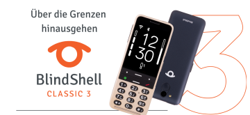 Das BlindShell Classic 3 Telefon von vorne und hinten. Auf der Vorderseite befindet sich ein großes schwarzes Display mit weißen Zahlen und Symbolen und darunter eine physische Tastatur mit klar voneinander getrennten Tasten. Die Rückseite ist dunkel, schlicht und glatt.