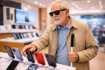 Ein älterer blinder Mann steht in einem Telefonladen und wählt ein neues Gerät aus. Er hat einen freundlichen Gesichtsausdruck und trägt eine schwarze Brille, während er einen weißen Stock hält. Vor ihm sind mehrere verschiedene Telefone in verschiedenen Farben, und er berührt sanft eines davon, während er seine Optionen erkundet.