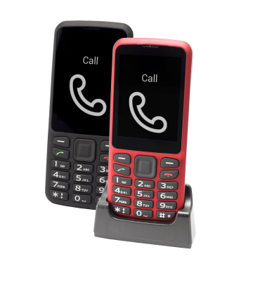 Schwarzes und rotes Telefon BlindShell Classic in der Ladeschale