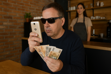 Es ist eine gemütliche Szene in einem Café. Ein Mann sitzt an einem Holztisch, hält einige albanische Banknoten in der Hand und fotografiert sie mit seinem BlindShell-Handy. Auf der Rückseite des Handys ist das kleine Augenlogo zu sehen. Er wirkt konzentriert, und im Hintergrund steht eine lächelnde Barista, die Kaffee zubereitet. Der ganze Ort strahlt Wärme und Entspannung aus, wie eines dieser ruhigen Cafés an einem Samstagmorgen.