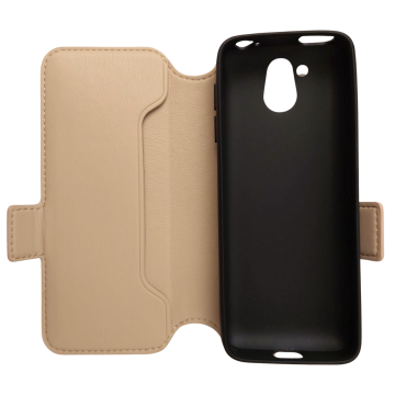 Geöffnete sandgoldene Schutztasche, man kann das Innere der Tasche sehen, in das das Telefon einlegt wird.