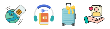 Das Bild zeigt vier reisebezogene Symbole: eine SIM-Karte um einen Globus für Daten-Roaming, Ein Buch inmitten eines Kopfhörers mit Symbolen für Lautstärke und laufenden Sprachausgabe als Symbol für Audio-Unterhaltung wie Podcasts oder Hörbücher, ein Koffer mit gelber Schleife zur besseren Erkennung am Flughafen und eine helfende Hand mit Personensymbol und Herz für zugänglichen, freundlichen Kundenservice.