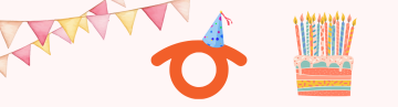 Das farbenfrohe Banner sorgt für eine festliche Atmosphäre. BlindShell feiert sein 10-jähriges Jubiläum, symbolisiert durch das orangefarbene Auge aus dem Logo, das einen verspielten blauen Partyhut trägt. Daneben steht eine Torte mit vielen Kerzen und eine fröhliche Girlande ziert die obere linke Ecke.
