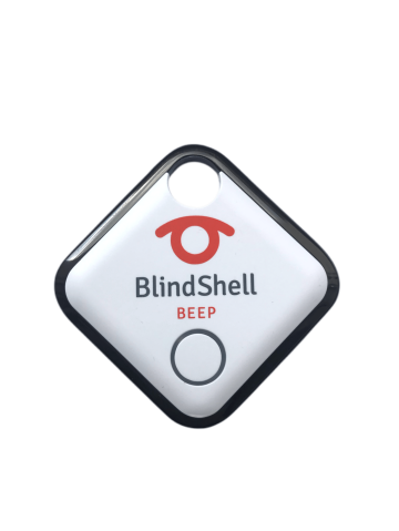 BlindShell Piepser - Detailbild. Es hat eine quadratische Form, eine weiße Farbe und einen grau-silbernen Rand.