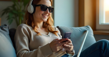 Ein blindes Mädchen sitzt auf einem Sofa und hält ein BlindShell Classic 3 in seinen Händen.
