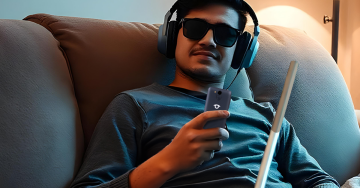 Ein Mann entspannt sich mit Kopfhörern und Sonnenbrille auf der Couch und hält ein BlindShell Classic 3.