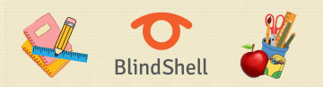 Das BlindShell-Logo in der Mitte, umgeben von bunten Illustrationen zum Thema Schule. Auf der einen Seite sind Notizbücher, ein Bleistift und ein Lineal zu sehen, auf der anderen Seite eine Tasse voller Scheren und Lineale mit einem glänzenden roten Apfel. Das Bild wirkt verspielt und einladend, wie der Beginn eines neuen Schuljahres oder einer neuen Lernreise, und verbindet BlindShell mit Kreativität und Bildung.