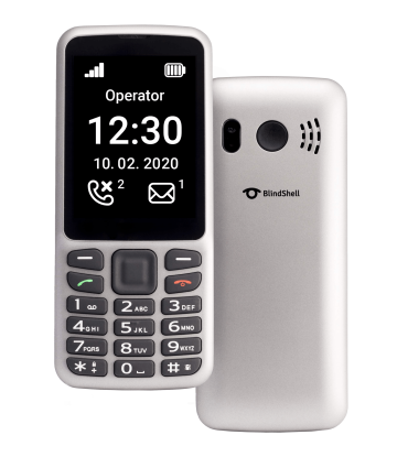 Vordere und hintere Ansicht des silbernes Telefons BlindShell LITE