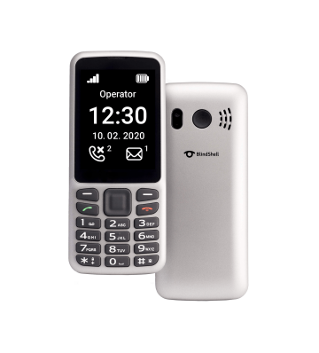 Handy BlindShell Classic Lite in der silbernen Farbe in der Ansicht von vorne und hinten