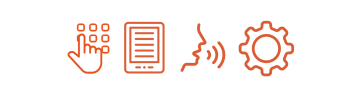 Vier einfache, orangefarbene Symbole auf weißem Hintergrund, die wichtige Zugänglichkeitsfunktionen darstellen. Eine Hand auf einer taktilen Tastatur, ein Tablet mit Text für ein Screenreader, ein Gesichtsprofil mit Schallwellen, was die Sprachsteuerung symbolisiert, und ein Zahnrad für die Einstellungen. Das schlichte Design und die warmen Farbtöne vermitteln Klarheit, Benutzerfreundlichkeit und Integration.