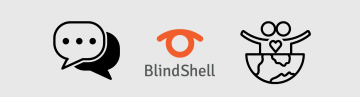 Ein Bild unseres neuen Forums: links zwei sich überlappende Sprechblasen, die die Kommunikation zwischen Menschen symbolisieren, in der Mitte das BlindShell-Logo und rechts die Hälfte der Weltkugel, aus der zwei winkende Figuren hervorgehen. Die Grafik möchte damit die Kommunikation und Verbindung zwischen Menschen auf der ganzen Welt ausdrücken.